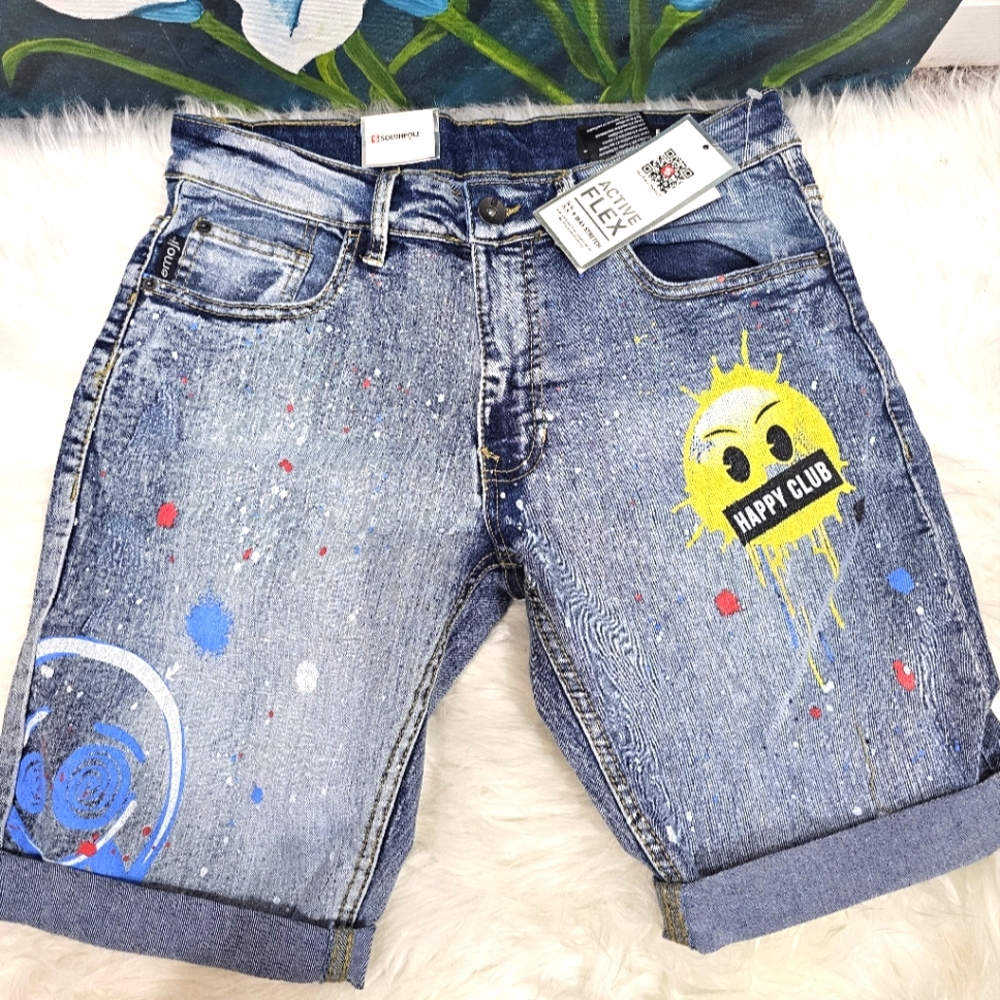 Southpole Jean Shorts Men 29 Blue Denim Hip Hop Skater Emoji Painted Face